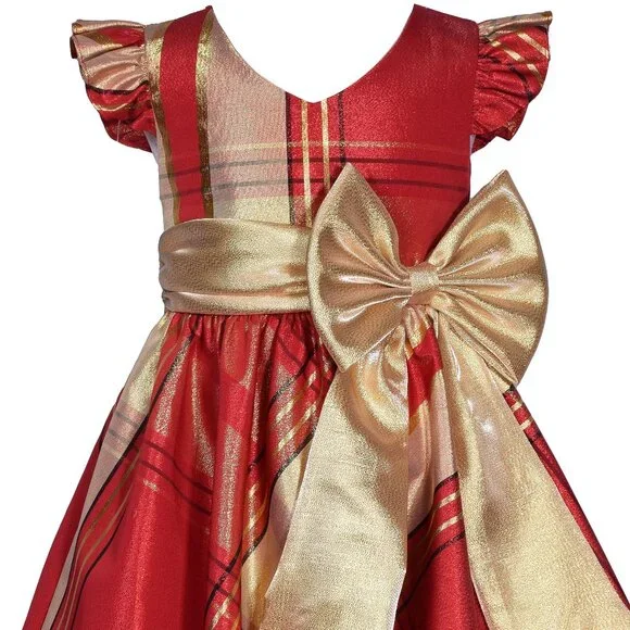 Bonnie Jean Girls 7-16 Red Gold Metallic Plaid Taffeta Christmas
